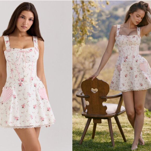 House of CB Marianella cream rose print stretch cotton mini dress NWT - Picture 1 of 10